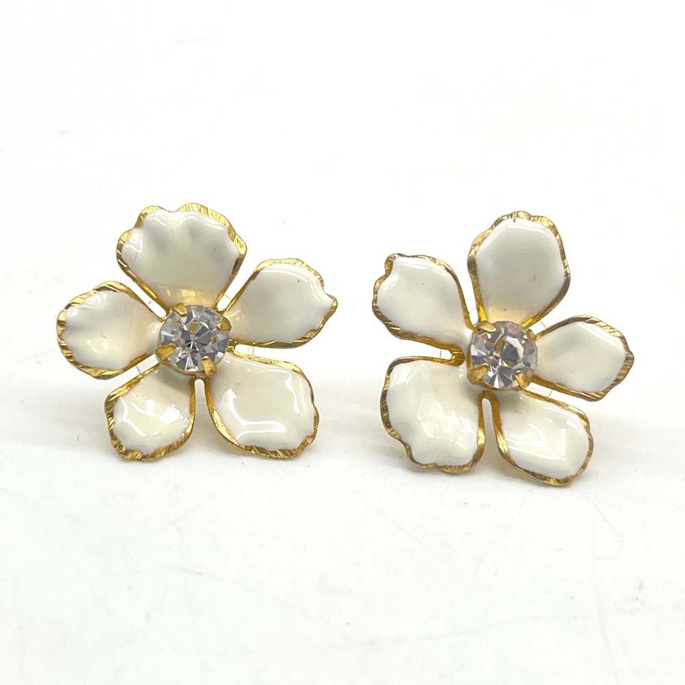 J.Crew White Enamel Flower Stud Earrings Gold Tone Crystal Center Floral